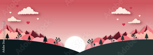 Paper Style Beautiful Nature Landscape Background With Sunlight.