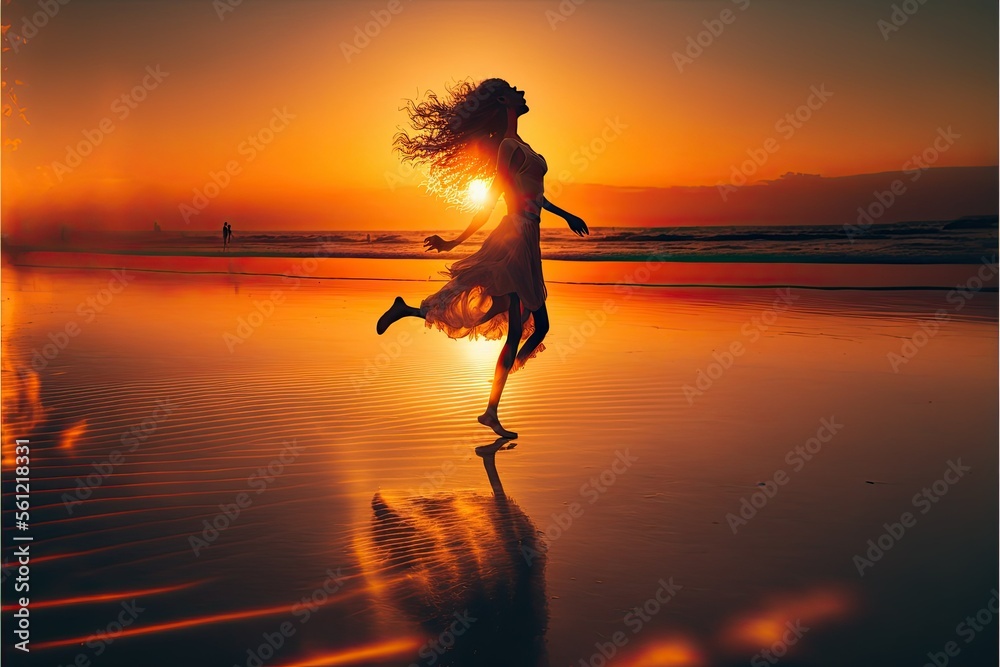 girl dancing on the beach at sunset, ai generated