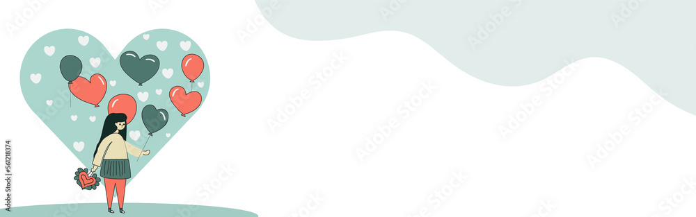 Cartoon Young Girl Standing With Balloons, Heart Shapes And Copy Space. Cartoon Young Girl Standing With Balloons, Heart Shapes And Copy Space.