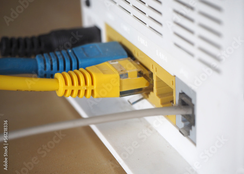 Modem and connection cables. Communication - internet technology background