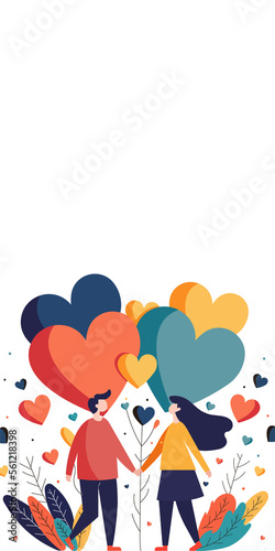 Cartoon Young Couple Holding Hands Together With Colorful Leaves And Hearts Decorated Background.