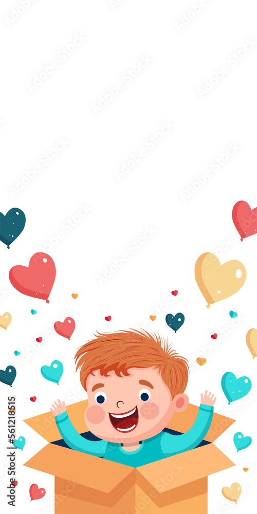 Excited Cute Boy With Heart Balloons Coming Out From Inside Surprise Box. Excited Cute Boy With Heart Balloons Coming Out From Inside Surprise Box.