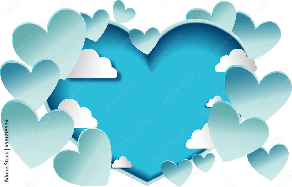 Pastel Blue Paper Heart Shapes With Clouds Decorated Background And Space For Text Or Image.