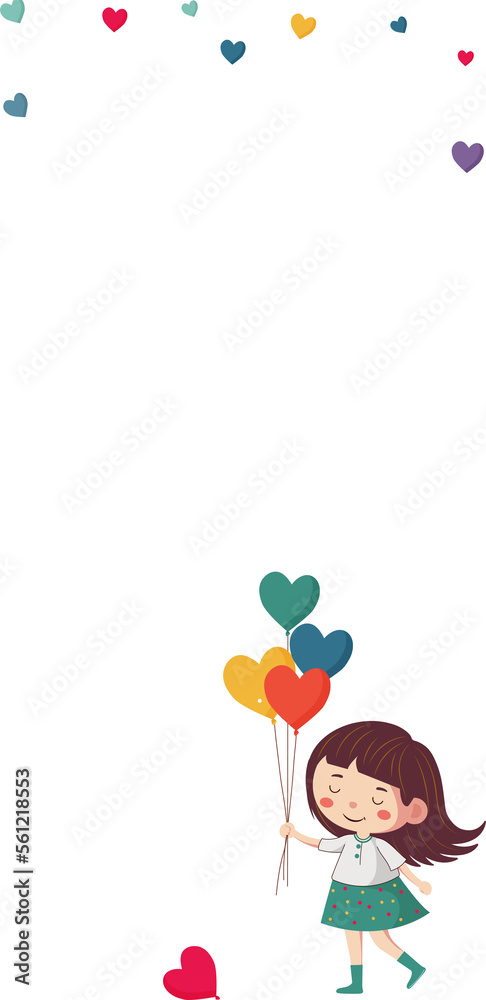 Cute Young Girl Holding Heart Balloons And Colorful Tiny Hearts Decorated Background With Copy Space.