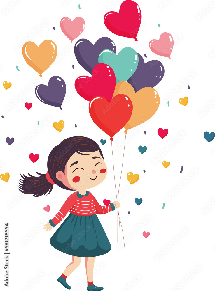 Cute Young Girl Holding A Bunch of Colorful Heart Balloons. Cute Young Girl Holding A Bunch of Colorful Heart Balloons.