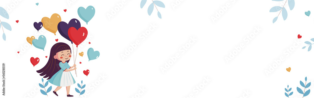 Cute Young Girl Holding Heart Balloons And Leaves Decorated Background With Copy Space. Cute Young Girl Holding Heart Balloons And Leaves Decorated Background With Copy Space.