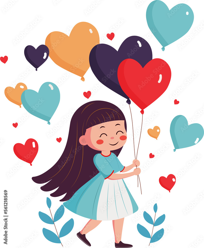 Cute Young Girl Holding Heart Balloons And Leaves. Cute Young Girl Holding Heart Balloons And Leaves.