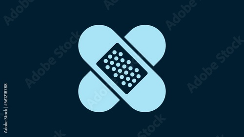 White Crossed bandage plaster icon isolated on blue background. Medical plaster, adhesive bandage, flexible fabric bandage. 4K Video motion graphic animation