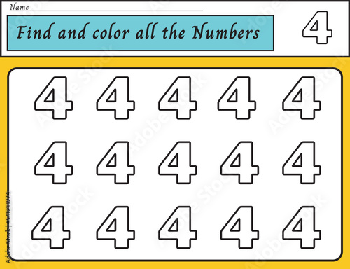 Number four coloring practice worksheet for kids learning to count and write. Vector Illustration.