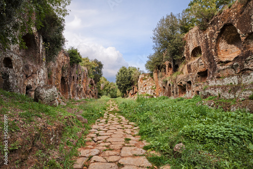 Civita Castellana, , Viterbo, Lazio, Italy: rock tombs in Falisci necropolis, over 2300 years old, and the ancient Roman road Via Amerina in the Etruscan archaeological site Cavo degli Zucchi
