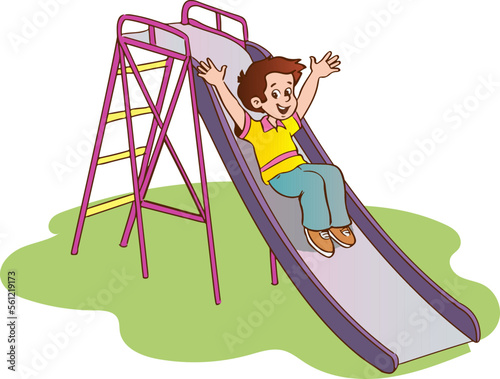 boy sliding down the slide cartoon vector