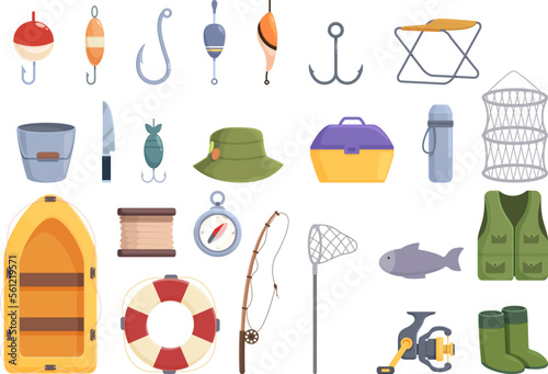 Fishing icons set cartoon vector. Fishery boat. Net marine