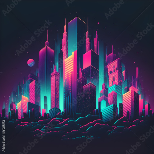 Futuristic Space City Illustration. Vivid Night Skyscrappers. Cyberpunk Design. Generative AI photo