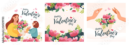 Valentine's day. A child gives a bouquet of flowers to his mother for Valentine's Day. A set of cute holiday cards. Cute cartoon vector illustration
