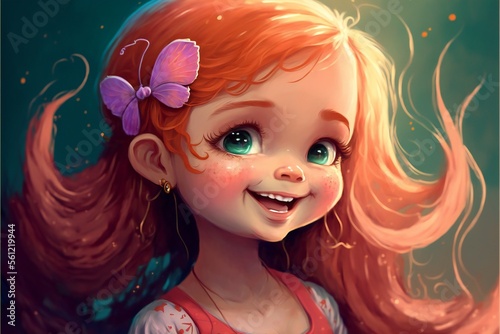 Cute smiling baby girl with red hair and a pink butterfly hair clip on a turquoise background in a cartoon style. Generated by ai.