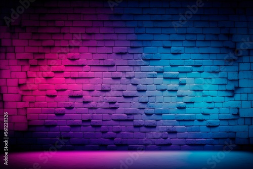 Modern futuristic blank brick wall background with neon lights. old grunge brick wall room background. generative ai