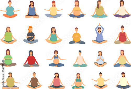 Pregnant woman meditating icons set cartoon vector. Yoga mother. Prenatal health