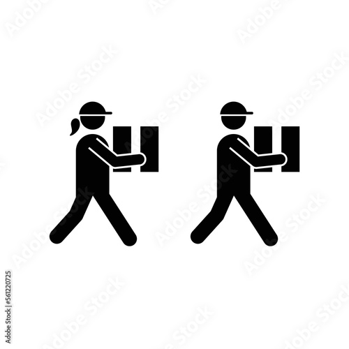 Delivery man and delivery woman with caps walking and holding package icons set vector symbol.