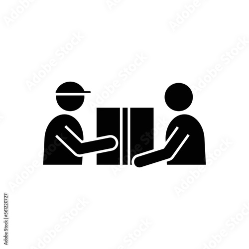 Delivery man with cap giving parcel to customer icon vector symbol.