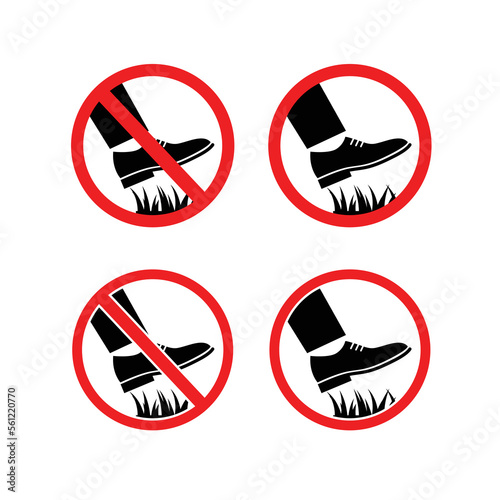 Do not walk on grass sign with shoe icon vector symbol. Shoe stepping on grass interdiction symbol vector in crossed out circle.