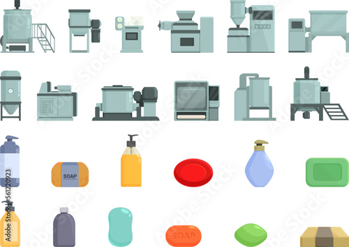 Soap production icons set cartoon vector. Chemical industry. Powder factory