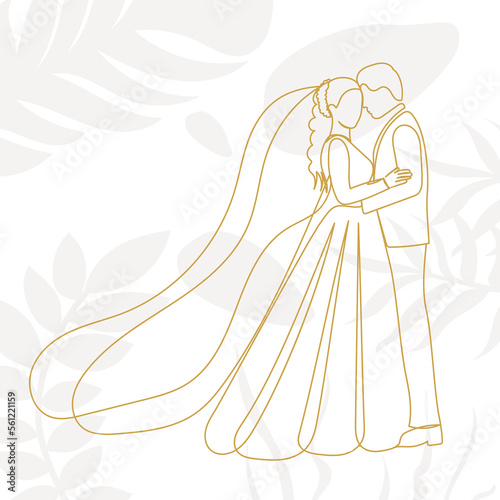bride and groom drawing by continuous line, on abstract background vector