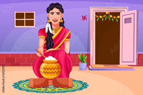 Happy Pongal celebration with Rangoli and mud pot of rice. Tamil girl offering prayers. Indian cultural festival celebration concept avatar. South Indian harvesting greetings festival. Outside house.