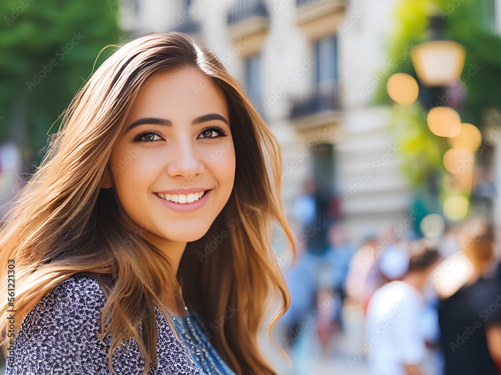 Fototapeta premium Dark blond teenage girl on city background portrait. Generative AI.