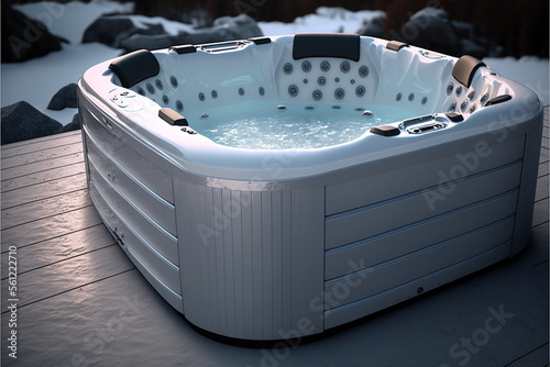 Hot tub with jets, modern jacuzzi design, empty, outdoors and snowy background, generative ai