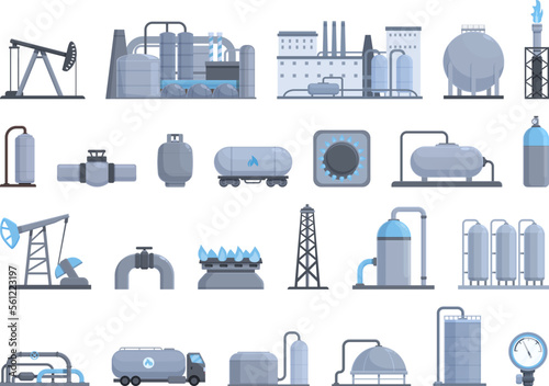 Fototapete Gas production icons set cartoon vector. Pipeline rig. Tank pipe