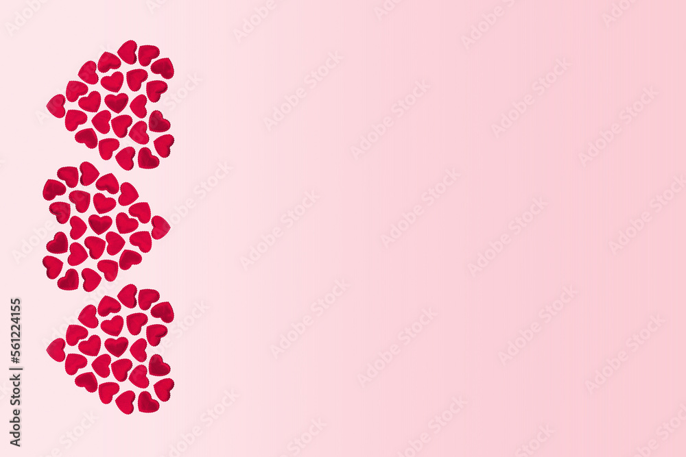 St Valentines day or thank you concept. Many magenta red hearts form three bigger heart shapes flat lay border on pink gradient banner. Love or wedding concept edgeless