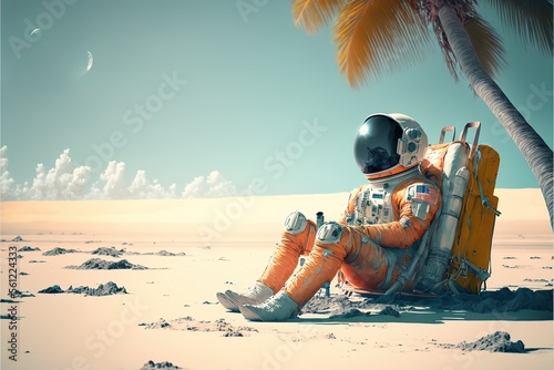Astronaut sunbathing at the beach. Creative photorealistic illustration. Generative AI