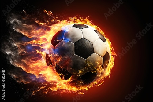 A soccer ball frying through the air with blazing fire trail on background. Generative AI