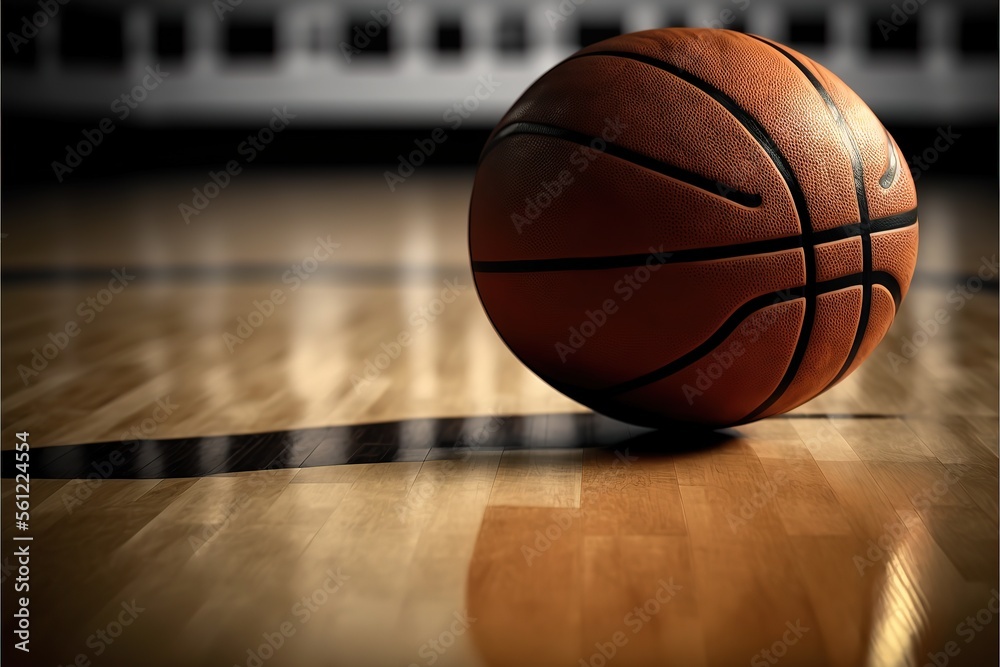 Basketball on Court Floor close up with blurred arena in background. Generative AI