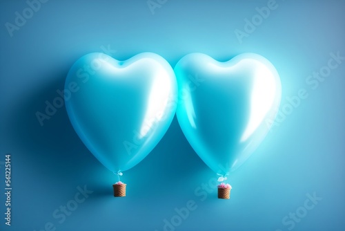 Two blue heart shaped balloons in front of a pastel blue wall. Valentine's day