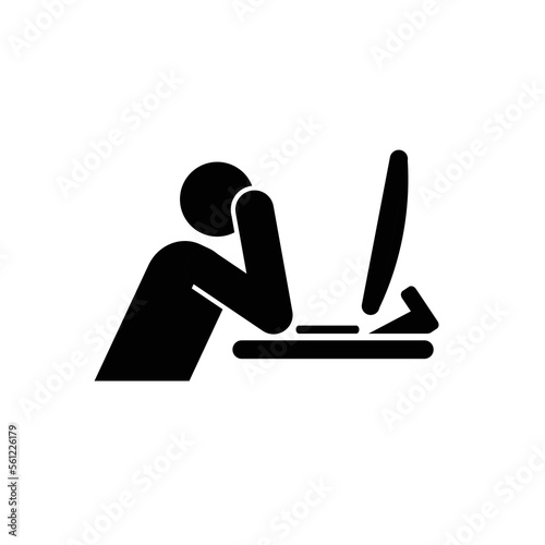 Man in front of computer burnout concept icon symbol vector. Sad character in office holding his head in front of his computer screen. 