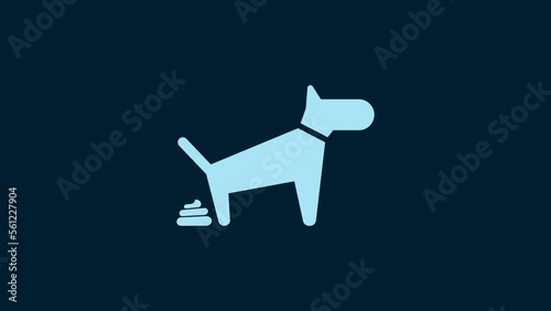 White Dog pooping icon isolated on blue background. Dog goes to the toilet. Dog defecates. The concept of place for walking pets. 4K Video motion graphic animation