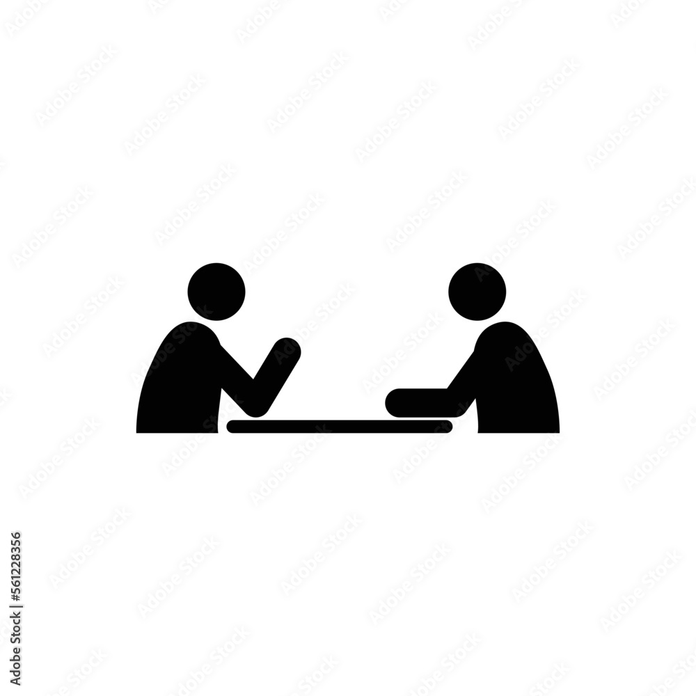 Two characters at a table talking icon symbol. Job interview symbol vector. Conversation at workplace during two characters.