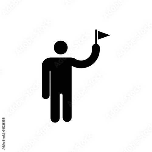 Tour guide or tourist guide holding small flag icon. Man character raising small flag icon vector symbol.