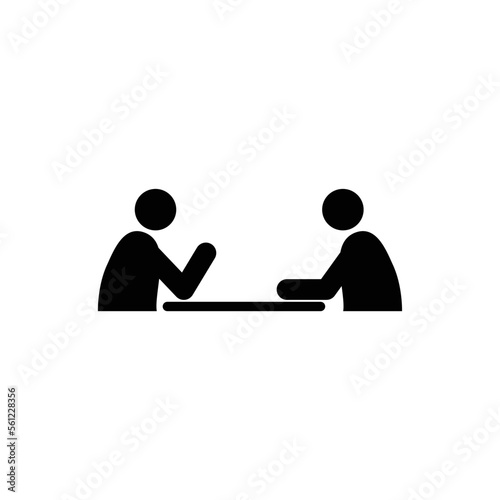 Two characters at a table talking icon symbol. Job interview symbol vector. Conversation at workplace during two characters.