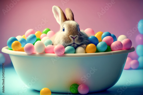 Cute easter bunny with easter eggs. Generative AI. photo