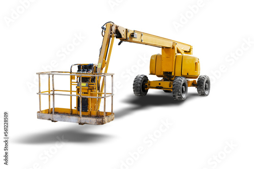 Foto Construction telescopic tower or work platform for people to work at height on a white isolated background