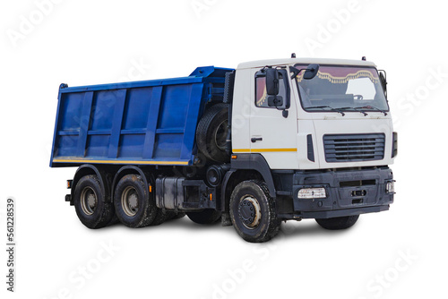 Big car dump truck in blue color on a white isolated white background. Car for transportation of heavy bulk cargo. Construction equipment. Element for design.