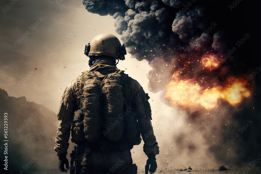 Male Army soldier in uniform in action. Great explosion with fire and smoke. Heavy explosions, fire and smoke billowing on background. Cinematic back view Male Army soldier in uniform in action. Great explosion with fire and smoke. Heavy explosions, fire and smoke billowing on background. Cinematic back view