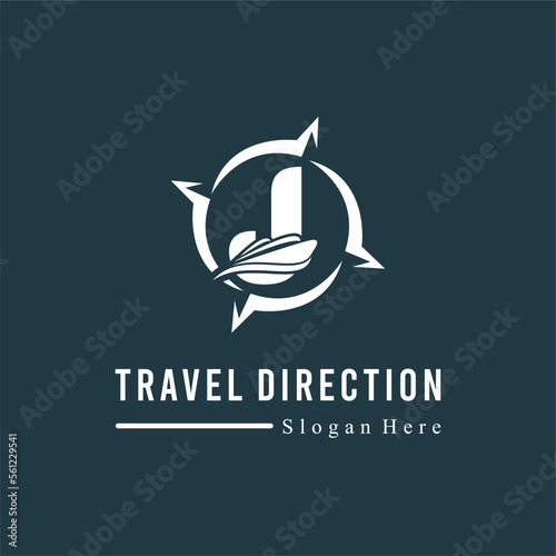 Initial J Letter with Ship Marine and Compass Icon for Travel Guide Navigation Business Logo Idea Template