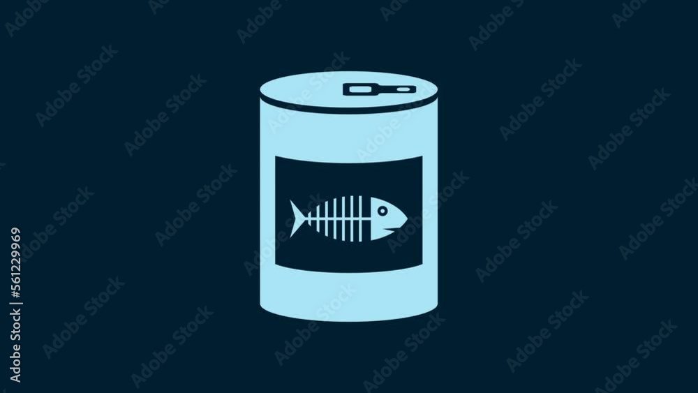 White Canned food for cat icon isolated on blue background. Fish skeleton sign. Food for animals. Pet dog food can. 4K Video motion graphic animation White Canned food for cat icon isolated on blue background. Fish skeleton sign. Food for animals. Pet dog food can. 4K Video motion graphic animation