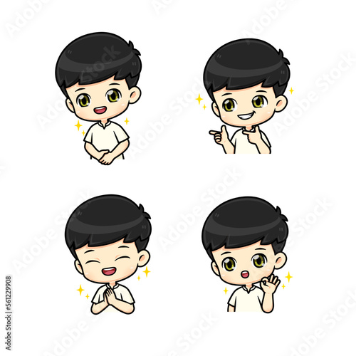 Collection set Cute and polite boy mascot cartoon character in many pose