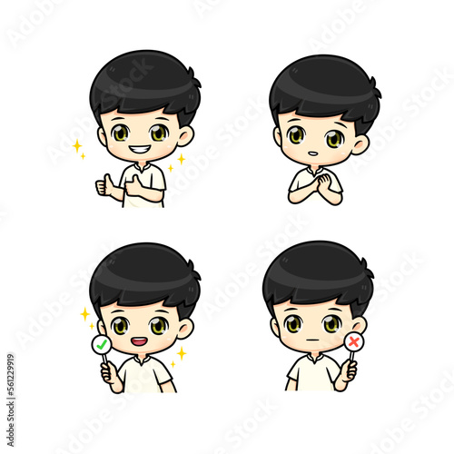Collection set Cute and polite boy mascot cartoon character in many pose