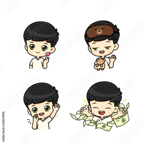 Collection set Cute and polite boy mascot cartoon character in many pose