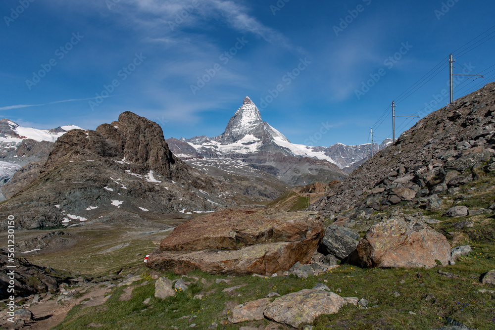 View of the snow covered Matterhorn in the Swiss Alps